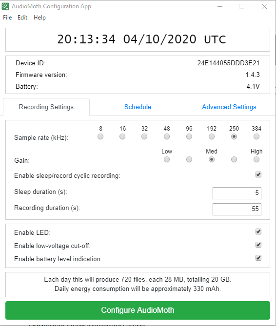 screen shot showing device configuration of AudioMoth audio trap