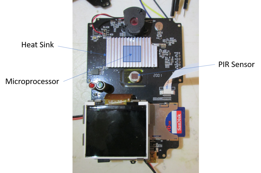 Browning BTC-7A Main PCB showing close proximity between PIR sensor and microprocessor